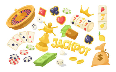 Casino or gamble games elements vector illustrations set. Collection of cartoon doodles of ace cards, cash, dice, chips isolated on white background. Entertainment, gambling concept