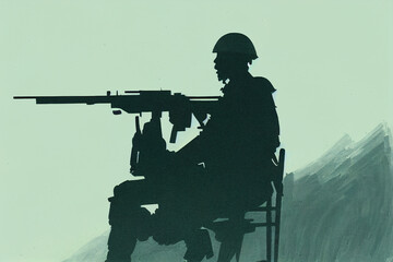 Silhouette of a machine gunner with automatic weapons - obrazy, fototapety, plakaty