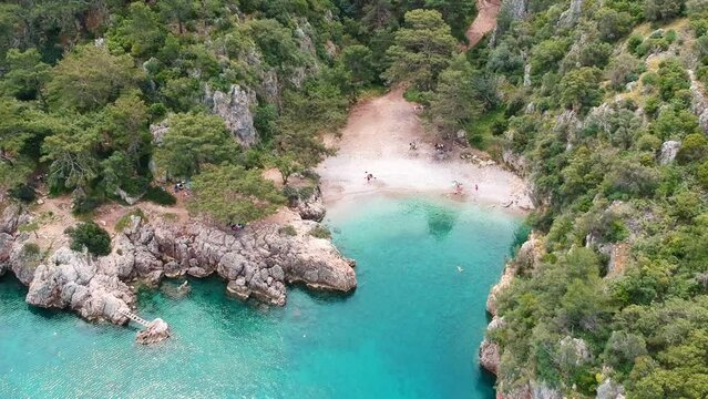 Panoramic view of Pirate bay or Korsan Koyu near Karaoz, Antalya. Summer and Holiday background. Aerial video from a drone.