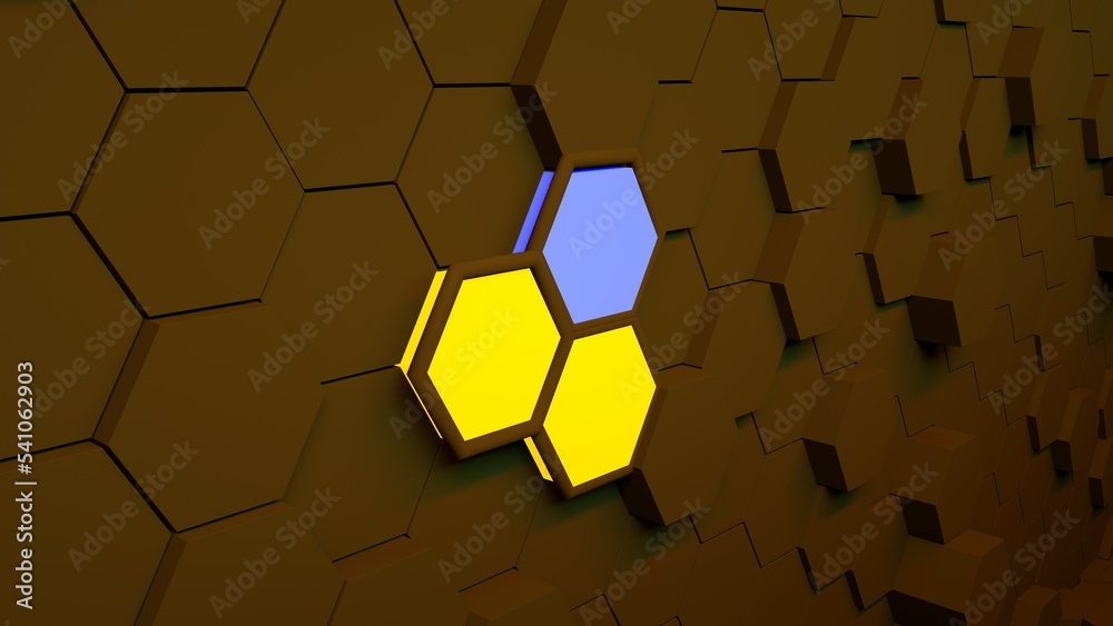 Wall mural digital generated technology hexagon background.glossy textured blue hexagons with yellow glow.moder