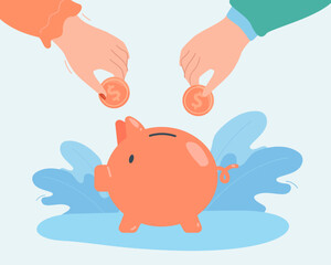 Hands of husband and wife throwing coins into piggy bank. Man and woman investing money in family budget flat vector illustration. Hoarding concept for banner, website design or landing web page