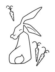 Outline sketch vector illustration rabbit, isolated on a white background. Bunny sitting in front. Black and white minimal Lin art drawing hare Painting picture. Symbol of the year 2023, Easter rabbit