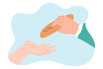 Hand giving bread to another hand flat vector illustration. Person feeding hungry people, sharing food. Donation, charity, assistance, grocery, community, product concept
