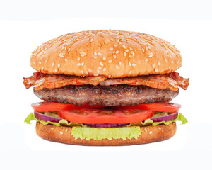 Tasty fast food burger with beef, onion, cucumbers and salad american style