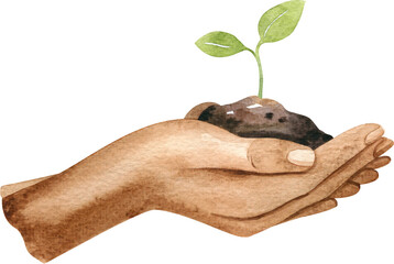 Black female hands holding a green sprout. Garden watercolor illustration isolated on white background, hand drawn clipart. Human body fragment.