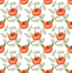 Watercolor pattern on a white background orange pumpkin with yellow autumn leaves