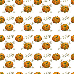 Watercolor pattern on a white background orange pumpkin with yellow autumn leaves