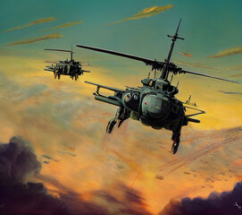 Obraz na płótnie Canvas A group of brutal military helicopters in the sky