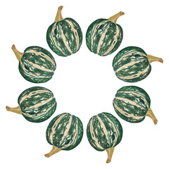 Watercolor illustration of a green striped pumpkin wreath