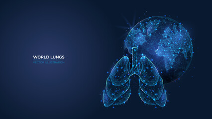 Futuristic abstract symbol blue planet earth and lungs. Concept blue air pollution, saving the planet, ecology. Low poly geometric 3d wallpaper background vector illustration.