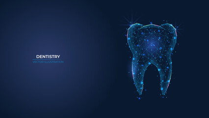 Futuristic abstract tooth symbol. Dental treatment concept. Low poly geometric 3d wallpaper background vector illustration.