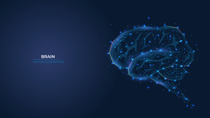 Futuristic abstract symbol of the human brain. Concept blue neurons, artificial intelligence, innovative medicine. Low poly geometric 3d wallpaper background vector illustration.