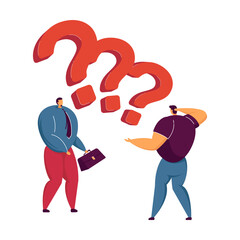 Puzzled tiny business people searching solution at huge question mark, asking for help. Vector illustration for customer assistance service, communication, problem solving concept