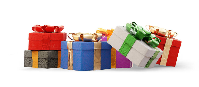 Christmas Gifts In Different Colors, Gifts Stacked And Next To Each Other 3d-illustration