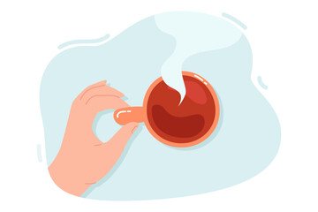Hand holding cup full of hot coffee with steam. Person drinking morning drink with caffeine, top view flat vector illustration. Coffee break concept for banner, website design or landing web page