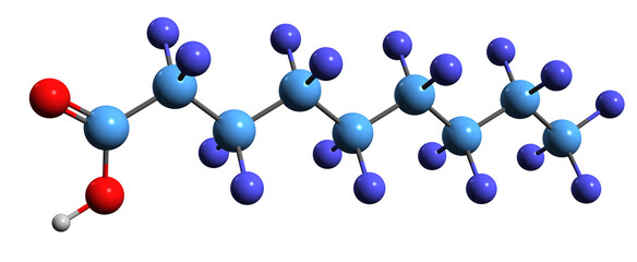 3D image of Perfluorononanoic acid skeletal formula - molecular chemical structure of  synthetic perfluorinated carboxylic acid isolated on white background - 541064330