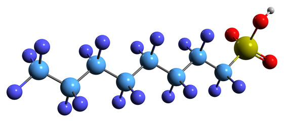  3D image of Perfluorooctanesulfonic acid skeletal formula - molecular chemical structure of fluorosurfactant PFOS isolated on white background - 541064334