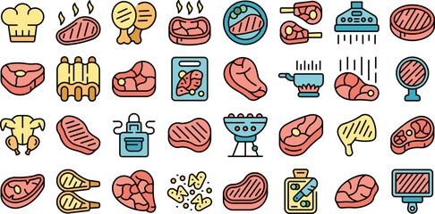 Chop icons set outline vector. Meat rib. Pork bacon color flat isolated