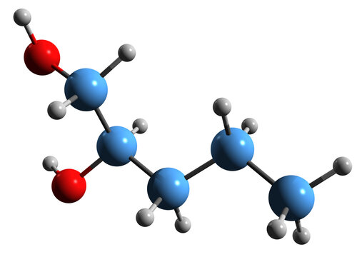 3D image of Pentylene Glycol skeletal formula - molecular chemical structure of Methylethylene glycol isolated on white background