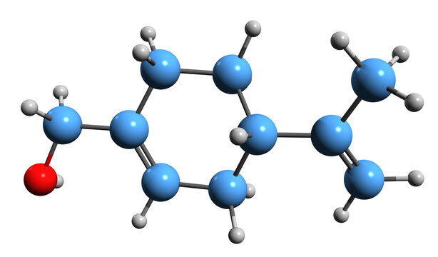 3D image of Perillyl alcohol skeletal formula - molecular chemical structure of monocyclic terpene isolated on white background
