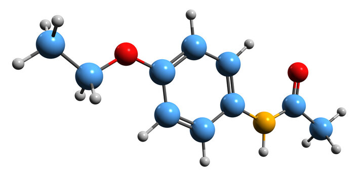 3D image of Phenacetin skeletal formula - molecular chemical structure of acetophenetidin isolated on white background
