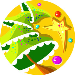 Geometric Christmas tree with a star in a circle. Bright, contrasting colors of the image. Vector graphics.