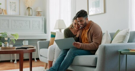 Laptop, living room and couple search website information for home investment, loan or real estate property discussion on sofa. Young people on couch with pc internet, planning future together - Powered by Adobe