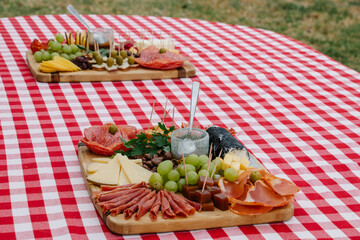Tablas de quesos y embutidos sobre mantel de picnic 