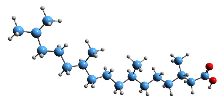 3D image of Phytanic acid skeletal formula - molecular chemical structure of phytanoic acid isolated on white background
