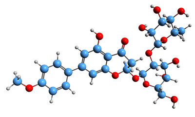 3D image of Poncirin skeletal formula - molecular chemical structure of Isosakuranetin-7-neohesperidoside isolated on white background