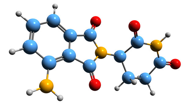 3D image of Pomalidomide skeletal formula - molecular chemical structure of  derivative of thalidomide isolated on white background