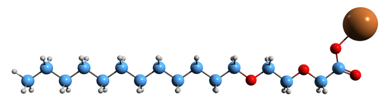 3D image of Potassium Laureth-4 Carboxylate skeletal formula - molecular chemical structure of surfactant isolated on white background