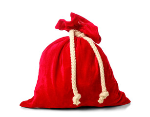 Red Santa Claus bag tied with rope on white background