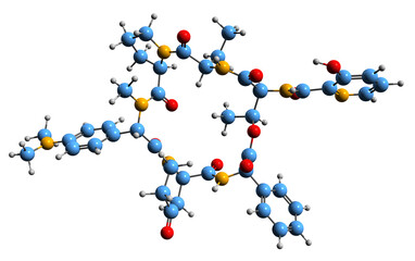 3D image of Pristinamycin IA skeletal formula - molecular chemical structure of Mikamycin B isolated on white background
