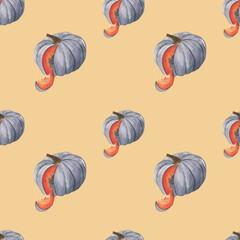 A watercolor pattern on a yellow background is a gray pumpkin in a section