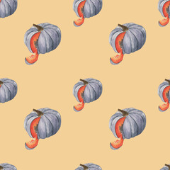 A watercolor pattern on a yellow background is a gray pumpkin in a section