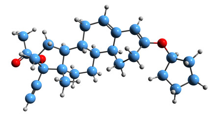  3D image of Quingestanol acetate skeletal formula - molecular chemical structure of  progestin medication isolated on white background