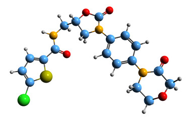 3D image of Rivaroxaban skeletal formula - molecular chemical structure of anticoagulant medication isolated on white background