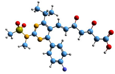 3D image of Rosuvastatin skeletal formula - molecular chemical structure of  statin medication isolated on white background