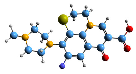 3D image of Rufloxacin skeletal formula - molecular chemical structure of quinolone antibiotic isolated on white background
