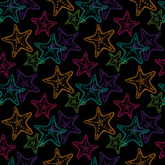 Starfish vector seamless pattern on black background