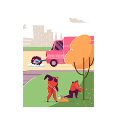 Sprinkler sweeper collector washing road, female janitor sweeping leaves, man carrying bin with garbage flat vector illustration. Volunteer clean up concept