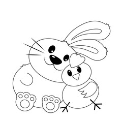 Cute Rabbit and Chicken hug. Draw illustration in black and white