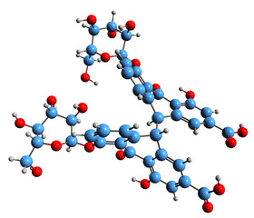  3D image of Senna glycoside skeletal formula - molecular chemical structure of laxative sennoside isolated on white background