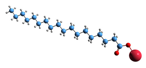  3D image of Sodium stearate skeletal formula - molecular chemical structure of  surfactant  Sodium octadecanoate isolated on white background
