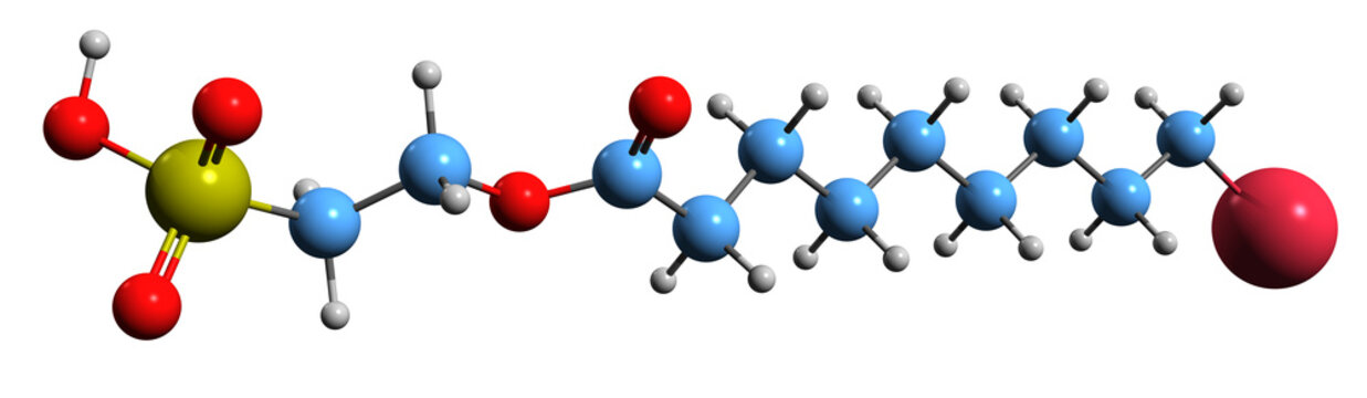 3D image of Sodium caproyl isethionate skeletal formula - molecular chemical structure of sodium 2-decanoyloxyethane sulfonate isolated on white background