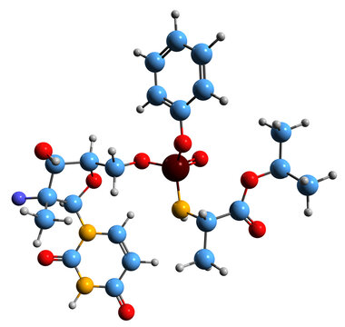  3D image of sofosbuvir skeletal formula - molecular chemical structure of  hepatitis C medication isolated on white background