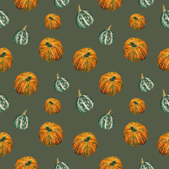 Watercolor pattern on olive background orange and green pumpkins with autumn leaves