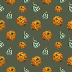 Watercolor pattern on olive background orange and green pumpkins with autumn leaves