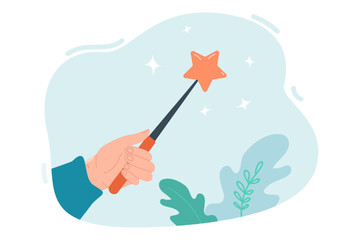 Hand holding magic wand flat vector illustration. Magician or wizard holding stick with star on end, performing tricks and focuses, Fantasy, imagination, entertainment, illusion concept